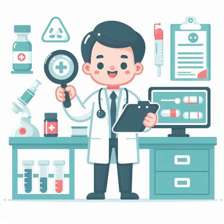 Cartoon doctor character. Vector illustration in a flat style on white background.のイラスト素材