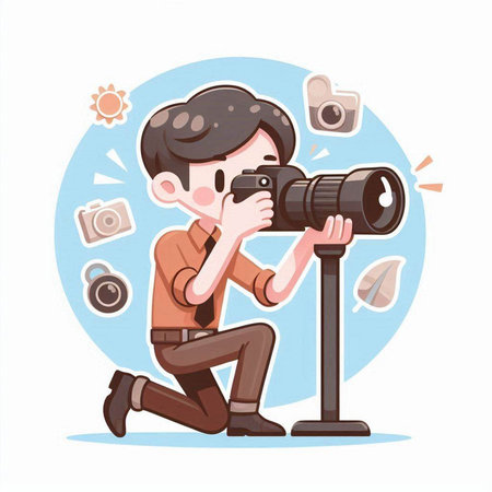 Photographer with camera on white background. Vector illustration in cartoon style.のイラスト素材