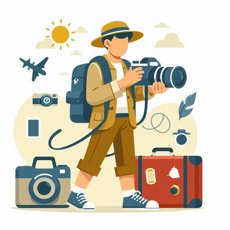 Tourist man with camera and luggage. Vector illustration in flat styleのイラスト素材