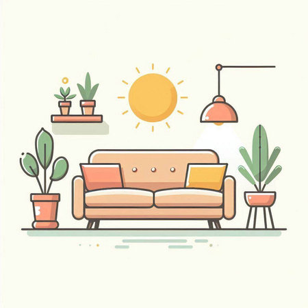 Living room interior with sofa, lamp, plants and sun. Vector illustrationのイラスト素材