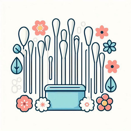 Cotton swabs and flowers. Vector illustration in flat linear style.のイラスト素材