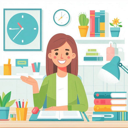 Vector illustration of a young woman sitting at the desk in the officeのイラスト素材