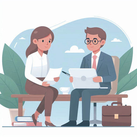 Business man and woman sitting on bench with laptop and papers. Vector illustrationのイラスト素材