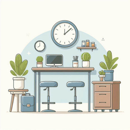 Office interior with desk, chair, clock and plants. Vector illustrationのイラスト素材