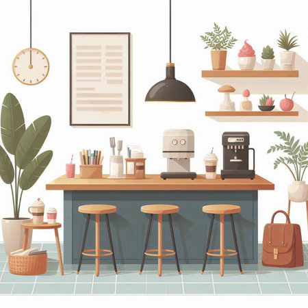 Interior of a coffee shop. Vector illustration in flat style.のイラスト素材