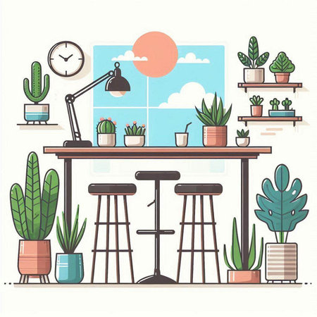 Illustration of a cozy home interior with furniture and plants. Vector illustrationのイラスト素材