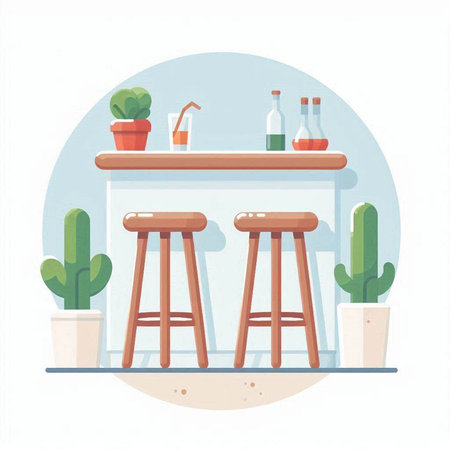 Bar counter with chairs and cacti. Vector illustration in flat styleのイラスト素材
