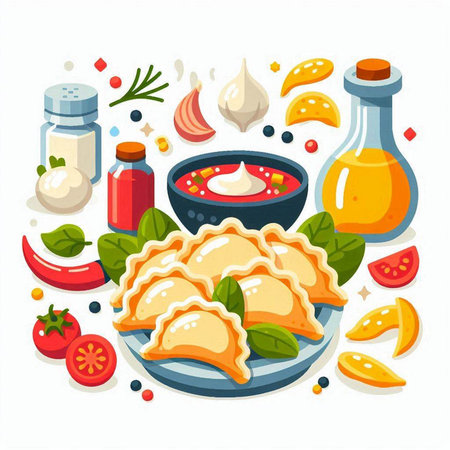 Vector illustration of fried dumplings with tomato sauce, onion, garlic, pepper, tomato, salt, oil, rosemary and spices.のイラスト素材