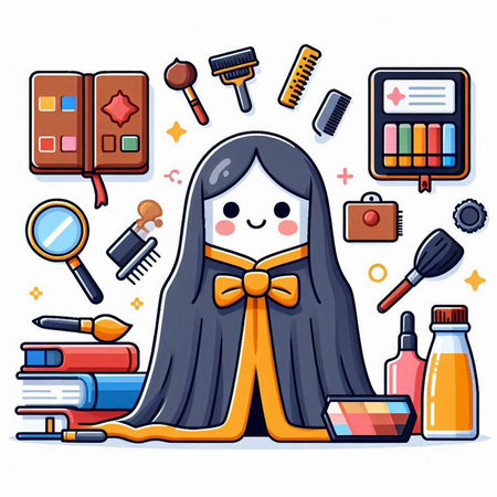 Illustration of a woman with make up related items around her.のイラスト素材