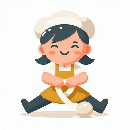 Cute cartoon girl in a hat and apron playing with egg. Vector illustration.のイラスト素材