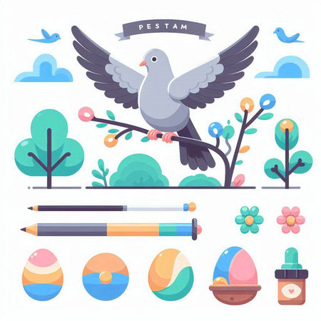 Easter vector illustration. Pigeon, eggs, tree, flowers, birds.のイラスト素材