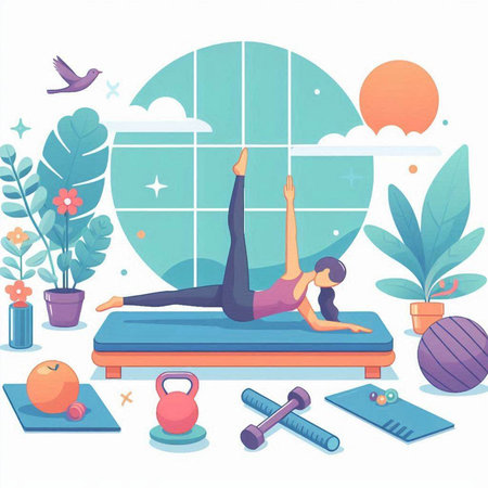 Vector illustration of a girl doing yoga on a mat in the room.のイラスト素材
