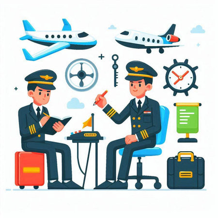 Airport pilot and stewardess cartoon vector illustration. Pilot and stewardess in uniform sitting at desk and waiting for flightのイラスト素材