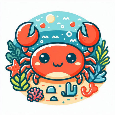 Cute cartoon crab on the background of the sea. Vector illustration.のイラスト素材