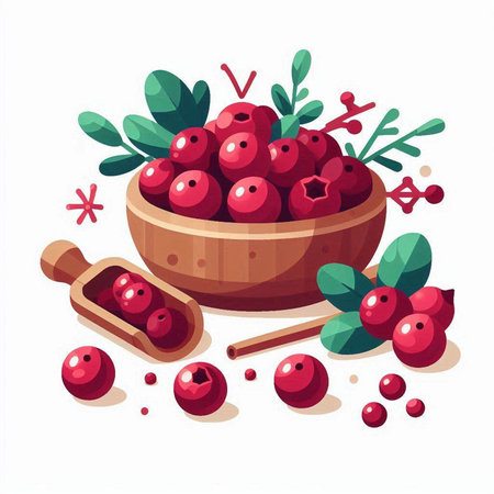 Cranberries in a wooden bowl and wooden spoon. Vector illustration.のイラスト素材