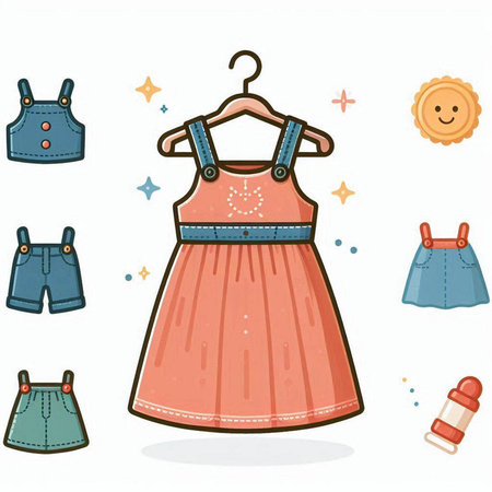 Illustration of a set of clothes and accessories for a little girlのイラスト素材