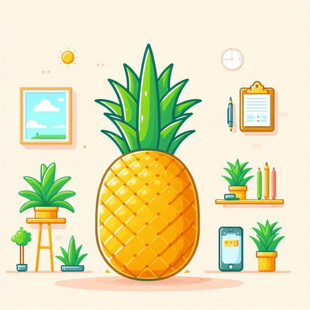 Pineapple with a lot of different objects. Vector illustration.のイラスト素材
