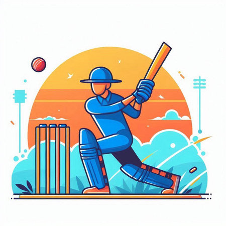 Cricket player with bat and ball in action. Vector illustration.のイラスト素材