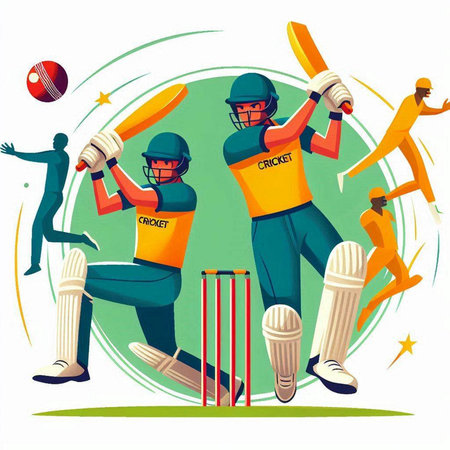 Cricket players in action with bats and balls. Vector illustration.のイラスト素材