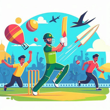 Cricket players in action. Flat vector illustration of cricket player playing cricket match.のイラスト素材
