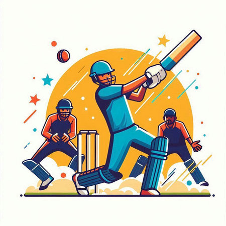 Cricket player batsman in action vector cartoon sport illustration.のイラスト素材