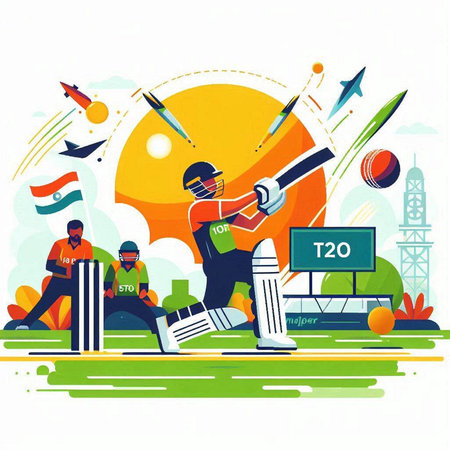 Cricket championship flat vector illustration. Batsman playing cricket match.のイラスト素材