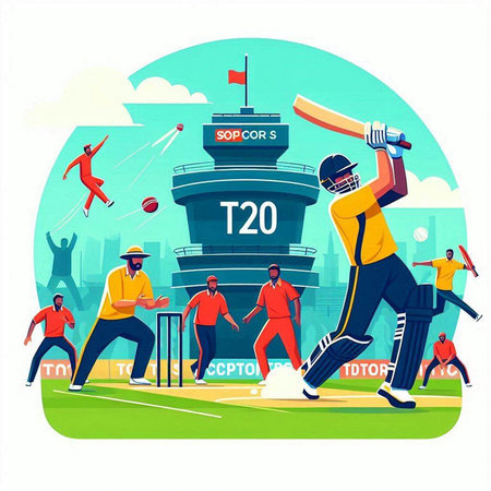Cricket championship flat vector illustration. Batsman playing cricket game with ball.のイラスト素材