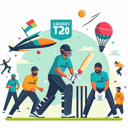 Cricket players playing cricket match. Flat style vector illustration.のイラスト素材