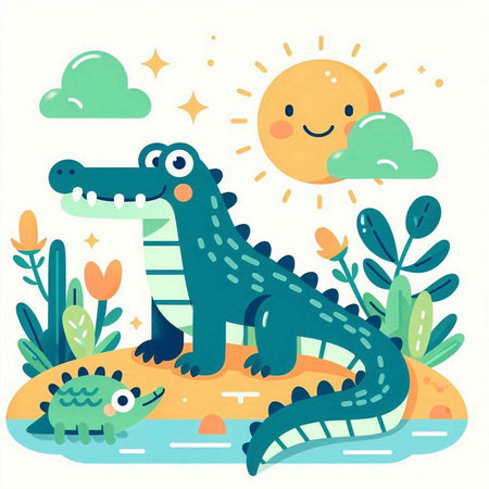 Cute crocodile and sun. Vector illustration in cartoon style.のイラスト素材