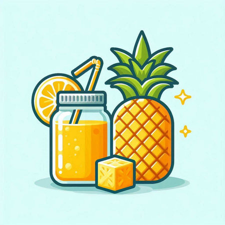 Pineapple juice in a jar with a straw and a slice of orange on a blue backgroundのイラスト素材