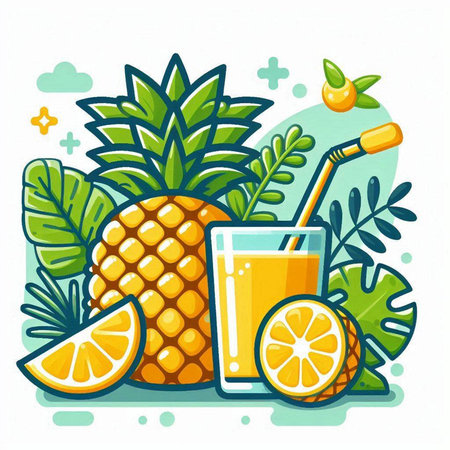 Pineapple juice in a glass and a slice of orange. Vector illustration.のイラスト素材