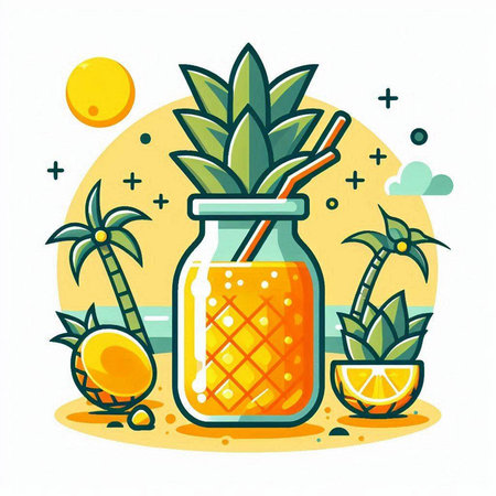 Pineapple juice in a glass jar on the beach. Vector illustration.のイラスト素材