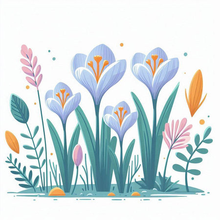 Crocuses in the meadow. Hand drawn vector illustration.のイラスト素材