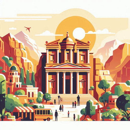 Travel to Italy. Vector illustration in flat style. Tourists walk around the ancient city.のイラスト素材