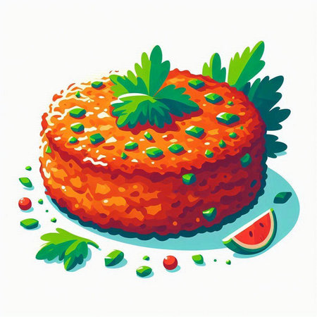 Illustration of a carrot cake on a plate with parsley and watermelonのイラスト素材