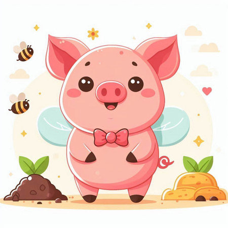 Cute pig with butterfly and bee on white background. Vector illustration.のイラスト素材