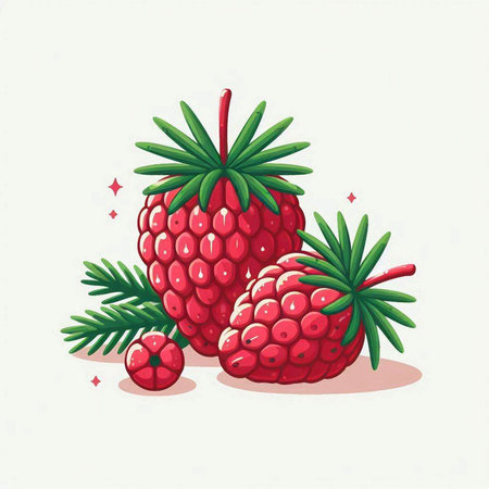 Raspberry fruit vector illustration. Ripe berry with leaves.のイラスト素材