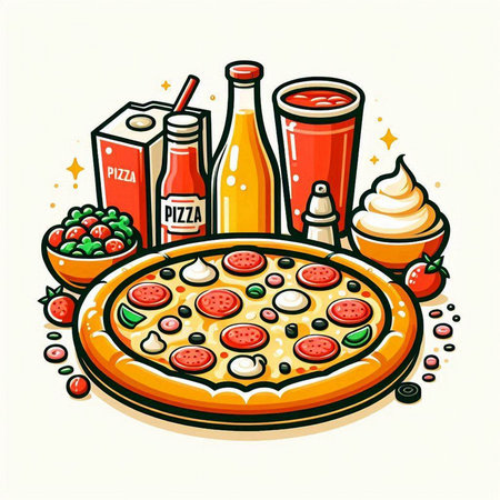 Pizza. Vector illustration of a pizza with ingredients for cooking.のイラスト素材