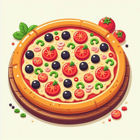 Pizza with tomatoes, olives and cheese. Vector illustration.のイラスト素材