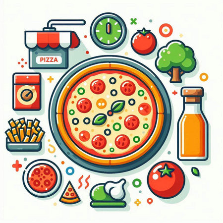 Pizza icon set in flat style. Fast food vector illustration.のイラスト素材