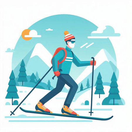 Skier skiing in mountains. Winter sport, extreme sports. Flat style vector illustration.のイラスト素材