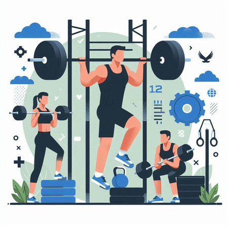 Vector illustration of a man and woman lifting weights in the gym.のイラスト素材