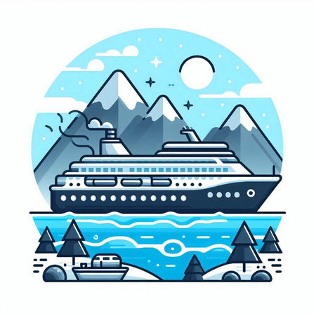 Cruise ship in the mountains. Vector illustration in flat style.のイラスト素材