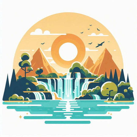 Waterfall in the mountains. Vector illustration in a flat style.のイラスト素材
