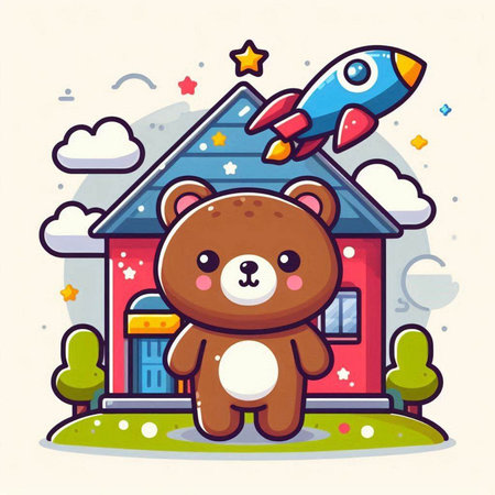 Cute cartoon bear with rocket. Vector illustration in a flat styleのイラスト素材