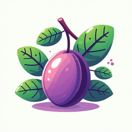 Plum fruit vector illustration. Vector illustration of ripe plum with leaves.のイラスト素材