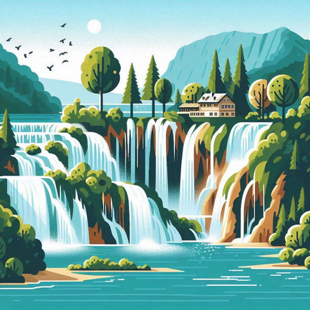 Waterfall in the forest. Waterfall in the mountains. Vector illustration.のイラスト素材