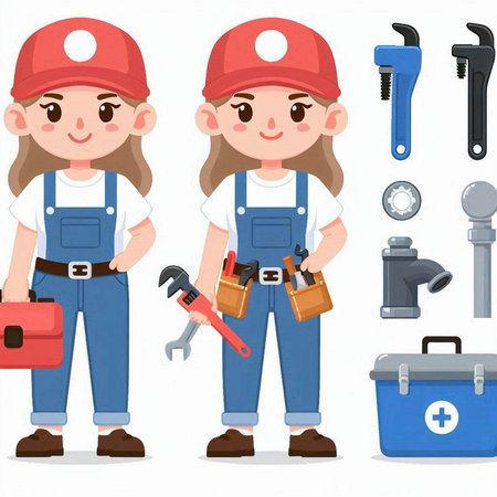 Cartoon mechanic woman in overalls with tools. Vector illustration.のイラスト素材