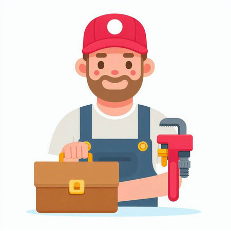 Plumber with a toolbox. Vector illustration in cartoon style.のイラスト素材