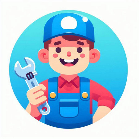 Plumber in uniform holding wrench. Vector illustration in cartoon style.のイラスト素材